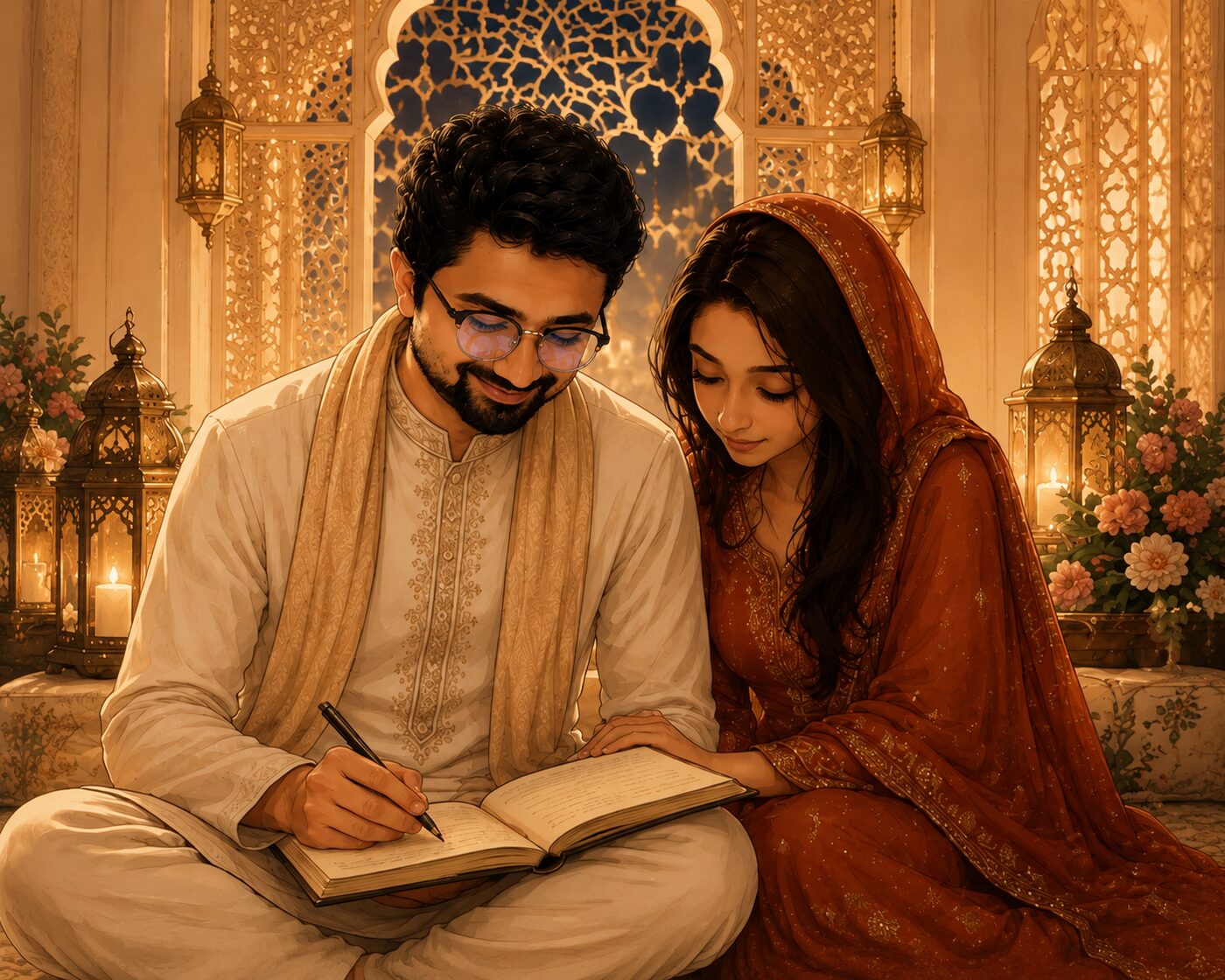 Illustration of Aafrin and Abu Saadat seated together, signing the nikahnama by lantern light.
