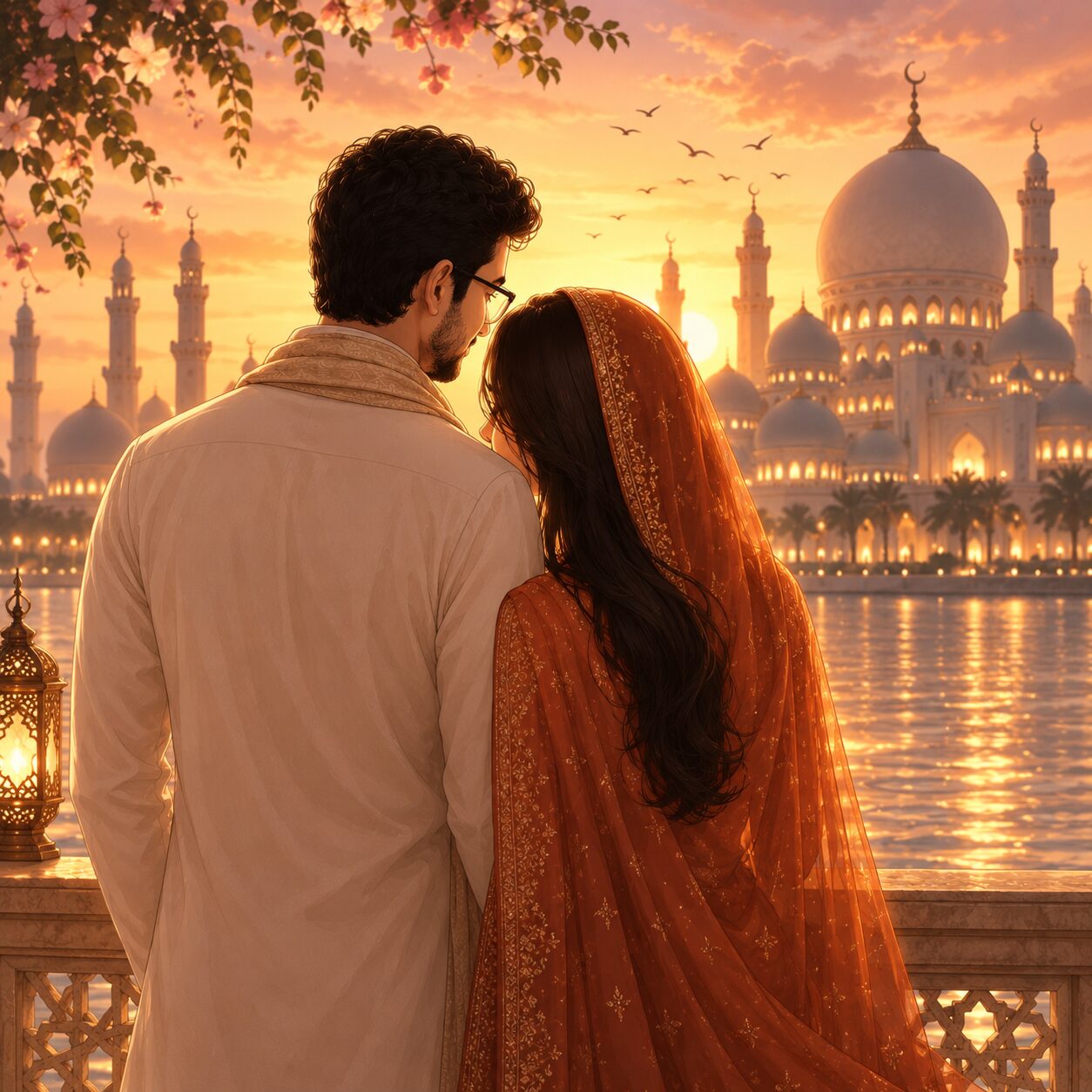 Illustration of the couple at sunset, watching the light fall on a mosque across the water.